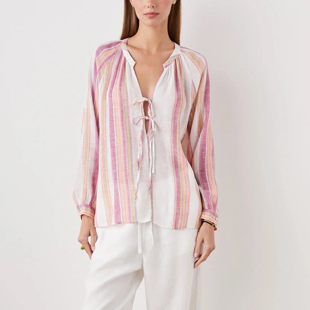 NWOT Rails Brielle Top Linen Blend Hibiscus Stripe Casual Women’s Small